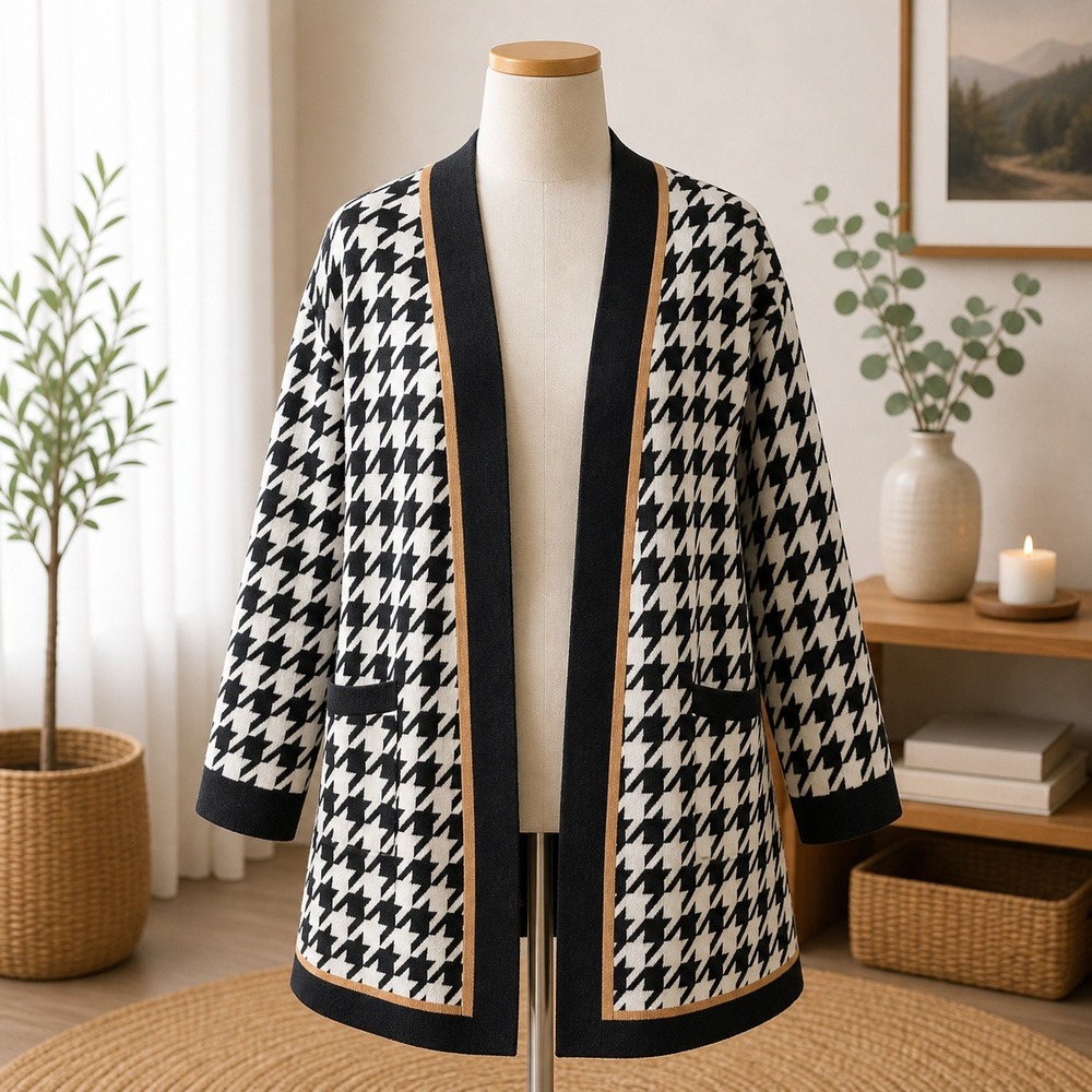 Brandis Houndstooth Open Front Cardigan Black White Tan Longline Sweater 1X